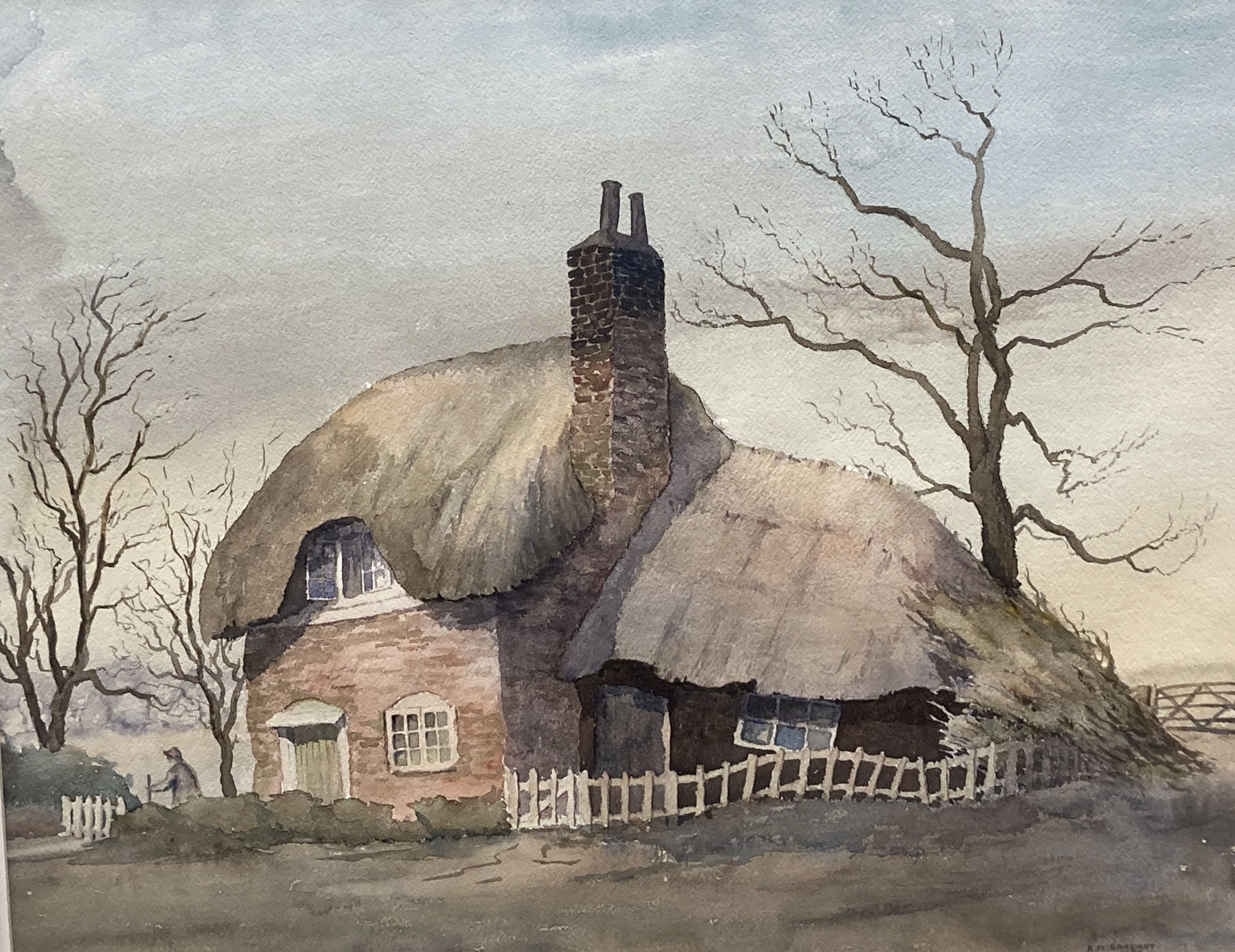 A.N. Sargant, watercolour, Thatched cottage, signed and dated 1972, 42 x 53cm and a watercolour of a greenhouse by Roy Stedman, 41 x 55